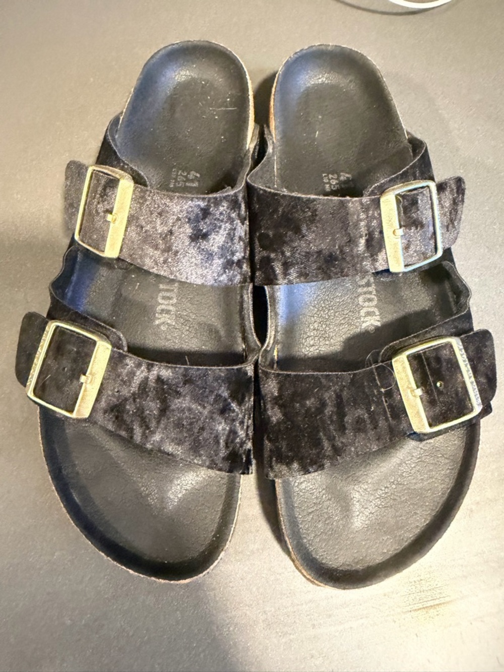 Birkenstock Black Velvet Two-Strap Sandals with Gold Buckles, 41